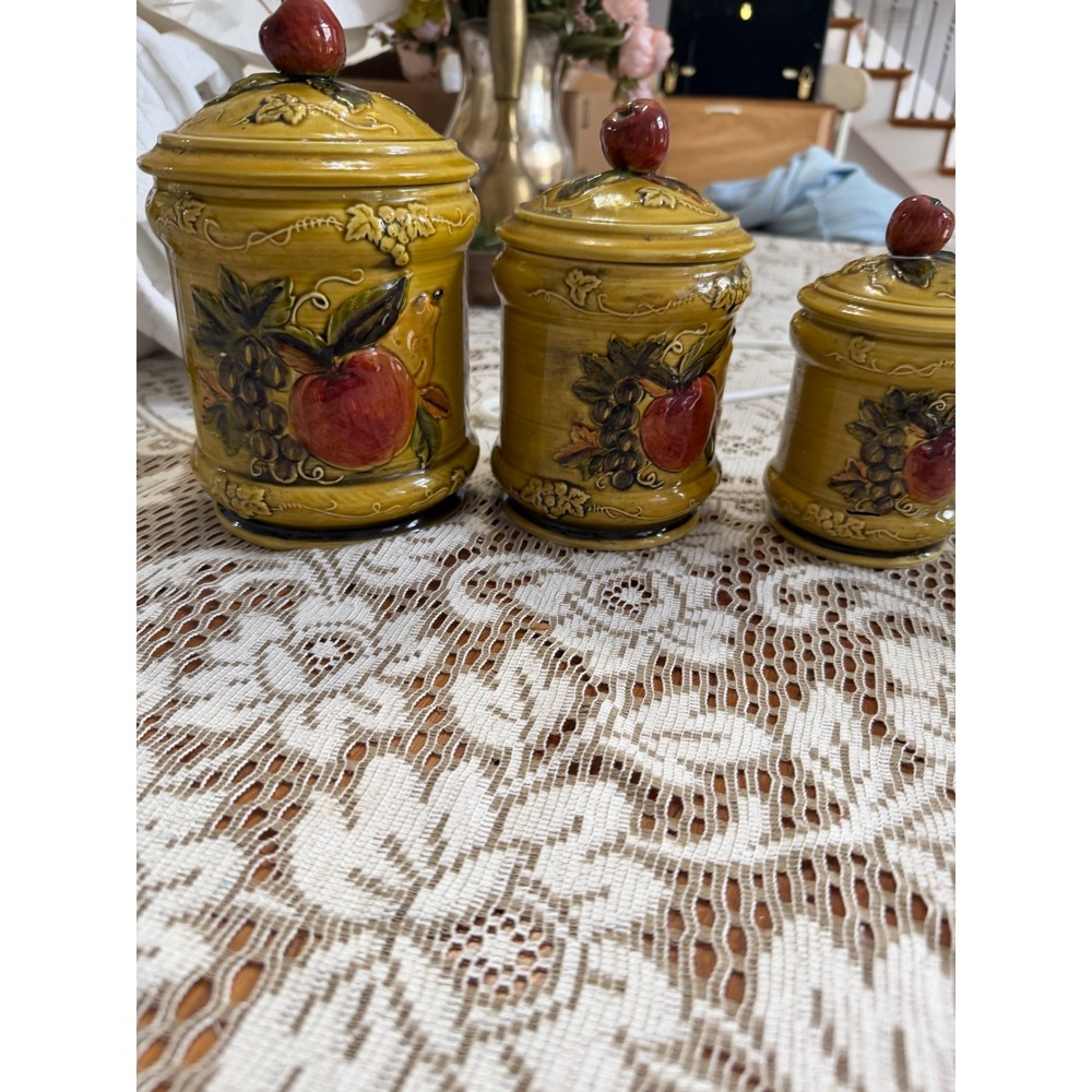 Vintage Lefton Ceramic Fruit Canister Set 3pc Mustard Yellow Apple Grapes 4131